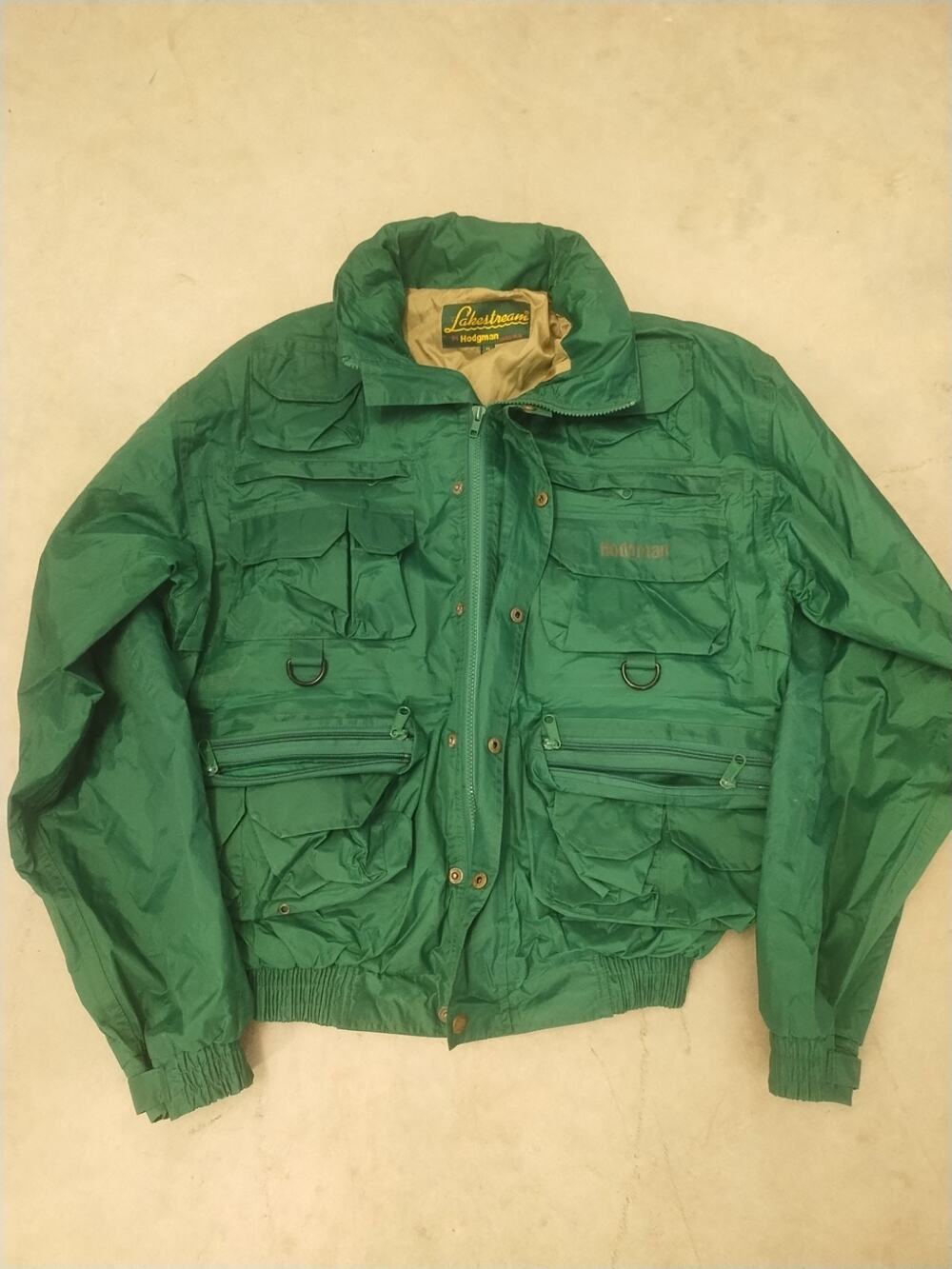 Mens VTG Hodgman Lakestream Fish Waterproof Raincoat Green Pocket Hood Wading M